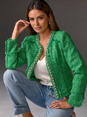 Boston Proper Green Tweed Jacket Blazer Pearl Trim Frayed Fringed Shimmer Size 2